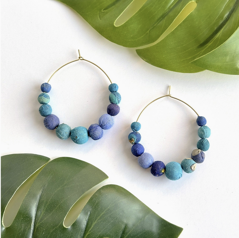 Blue Kantha Hoop Earring