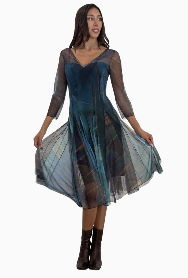 flared technical mesh dress Green Embellished Long Sleeve Trapeze Dress with Ruffle Hem