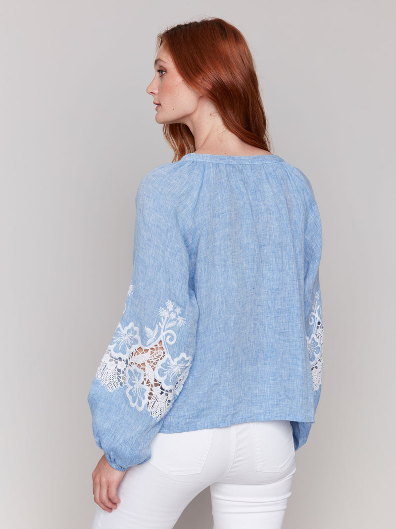 Denim Embroidered Button Top