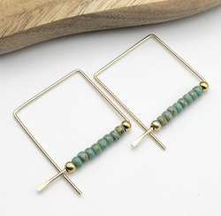 Gold Square Turquoise Beaded Hoop Earrings