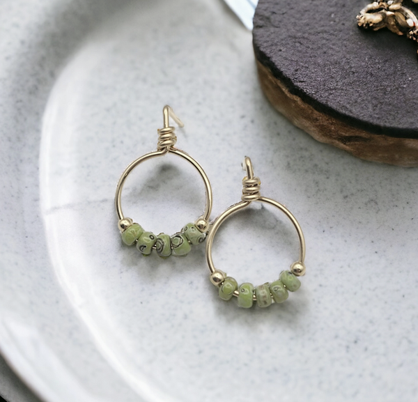 Gold & Green Beaded Hoop Stud Earrings