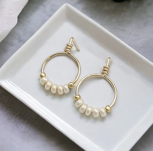 Gold & Pearl Beaded Hoop Stud Earrings