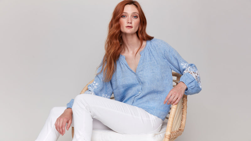 Denim Embroidered Button Top