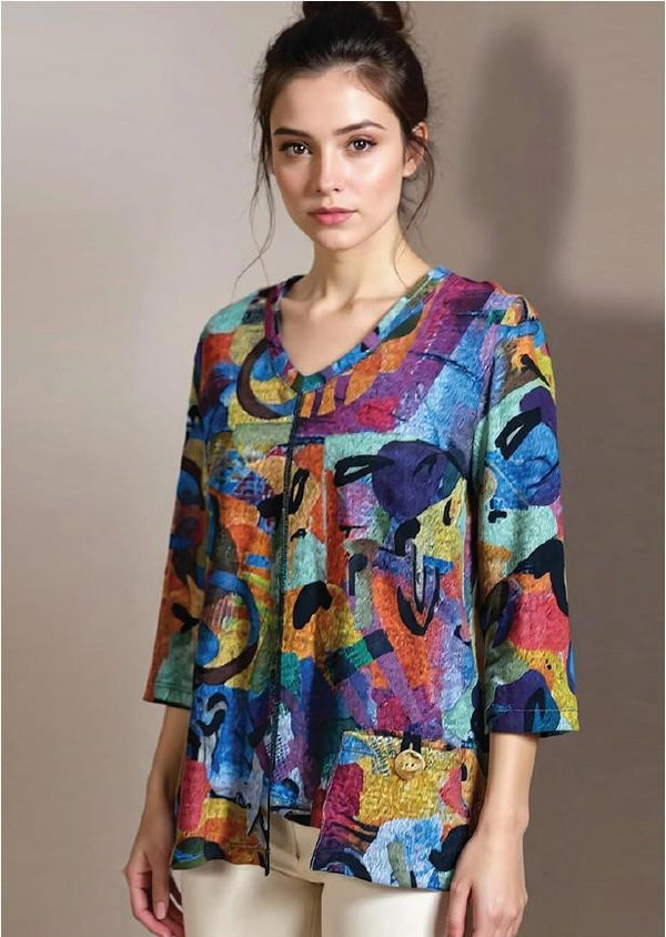 Abstract V-Neck Seam Pocket Top
