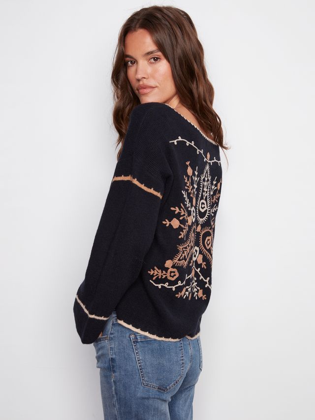 Navy Embroidered Knit Sweater