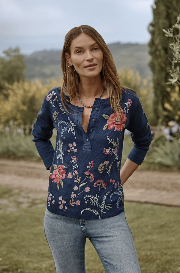 Blue Knight Embroidered Thermal Henley