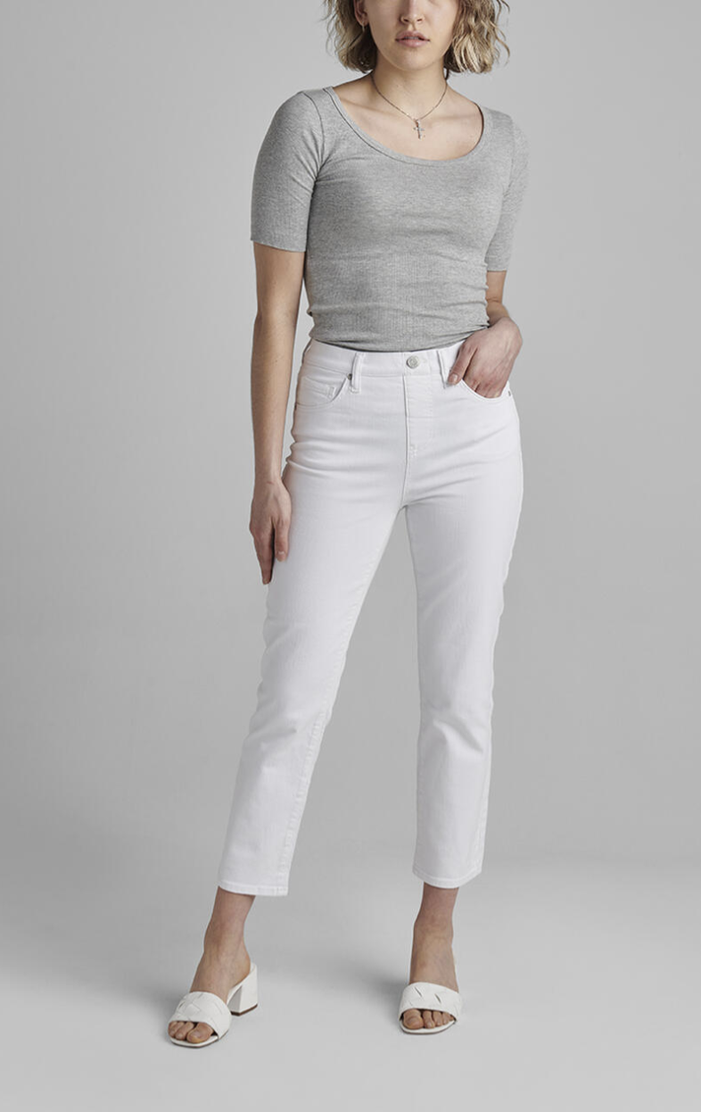High Rise White Straight Crop Pull-On Jeans