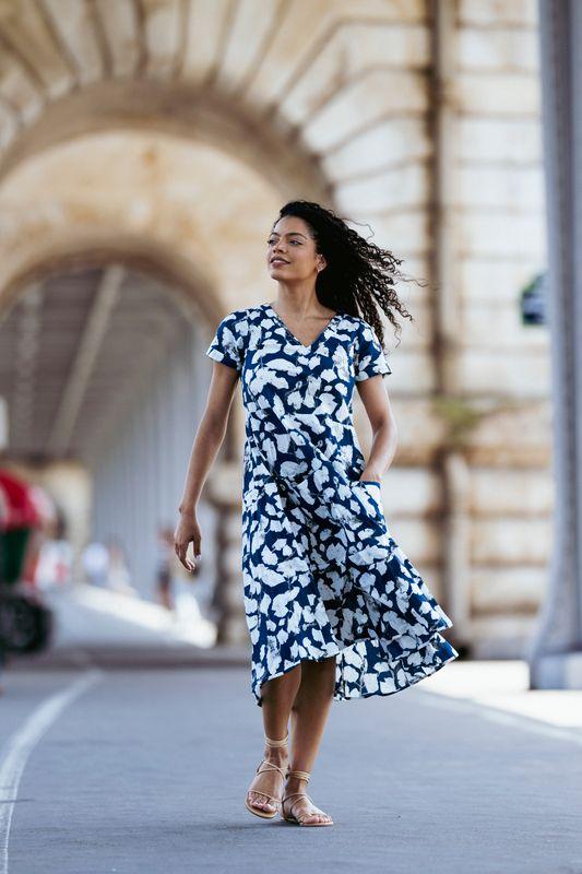 Navy Crinkle Cotton Pocket Dress