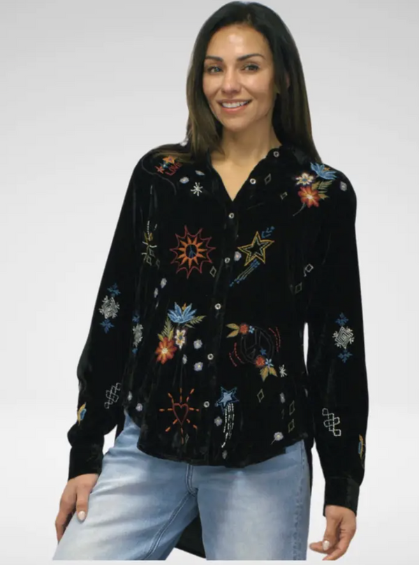 Black Button Velvet Tunic Top