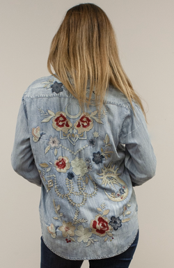 Multi Floral Embroidered Denim Shirt