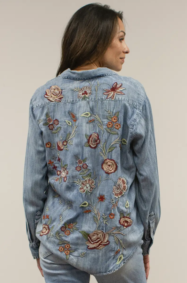 Vintage Rose Embroidered Denim Top