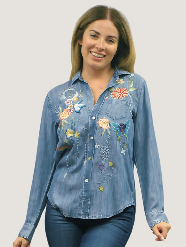 Butterfly Embroidered Denim Top