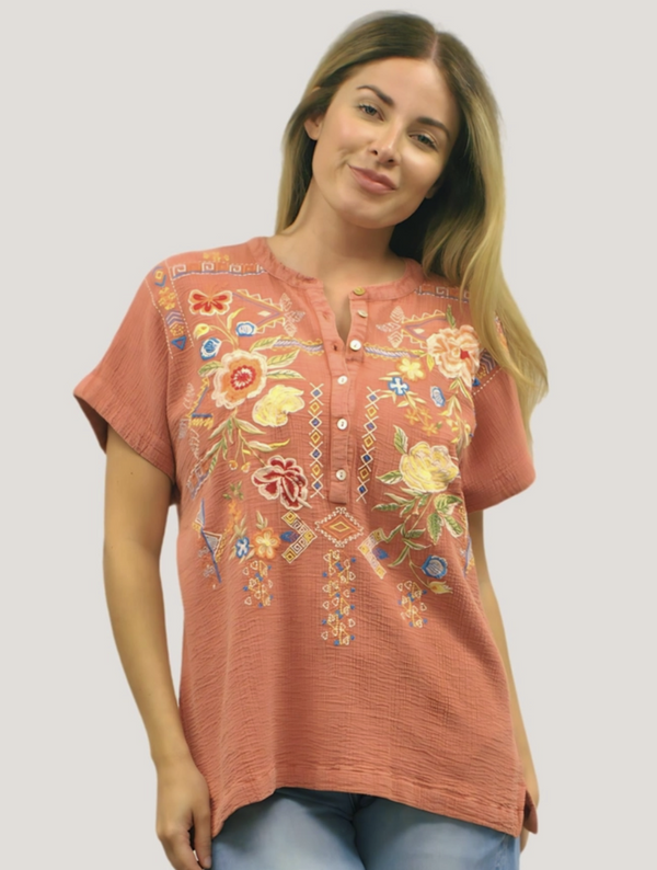 Vintage Coral Embroidered Top