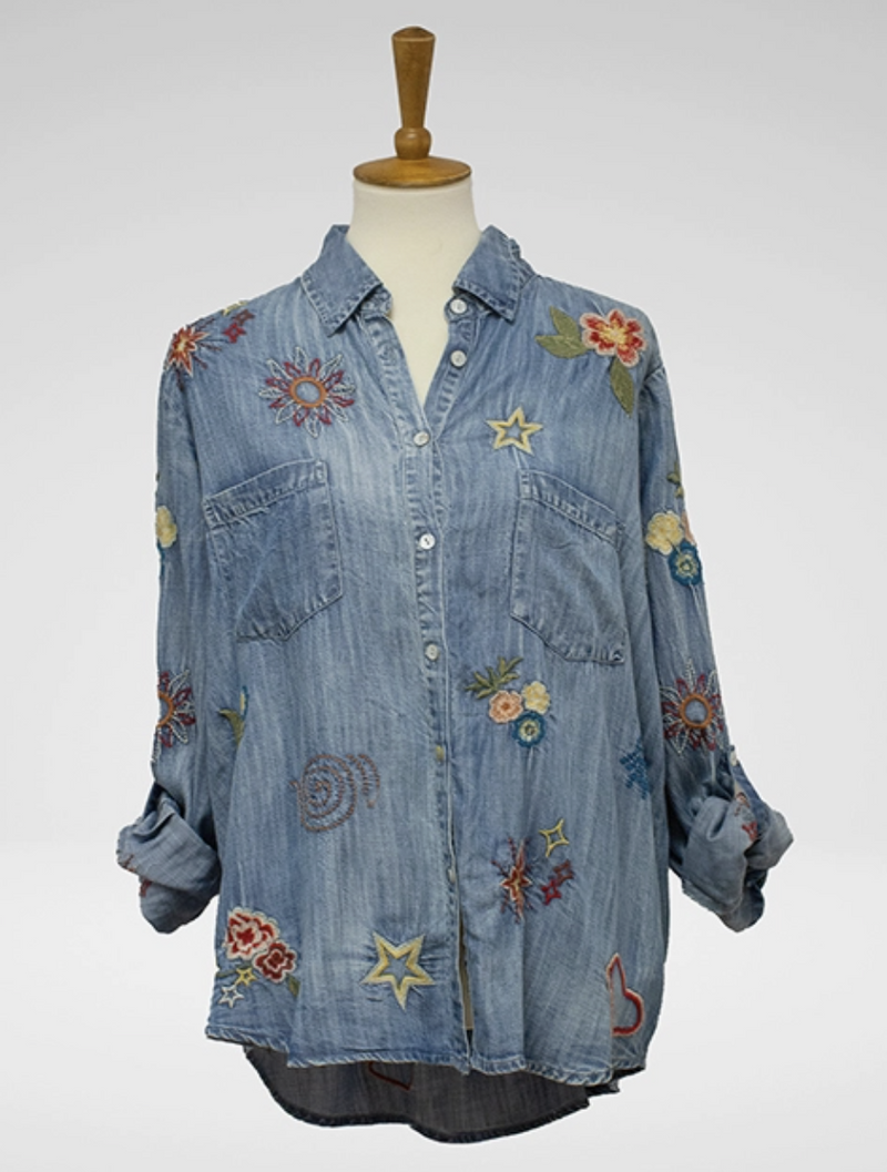 Denim Multi Embroidered Top