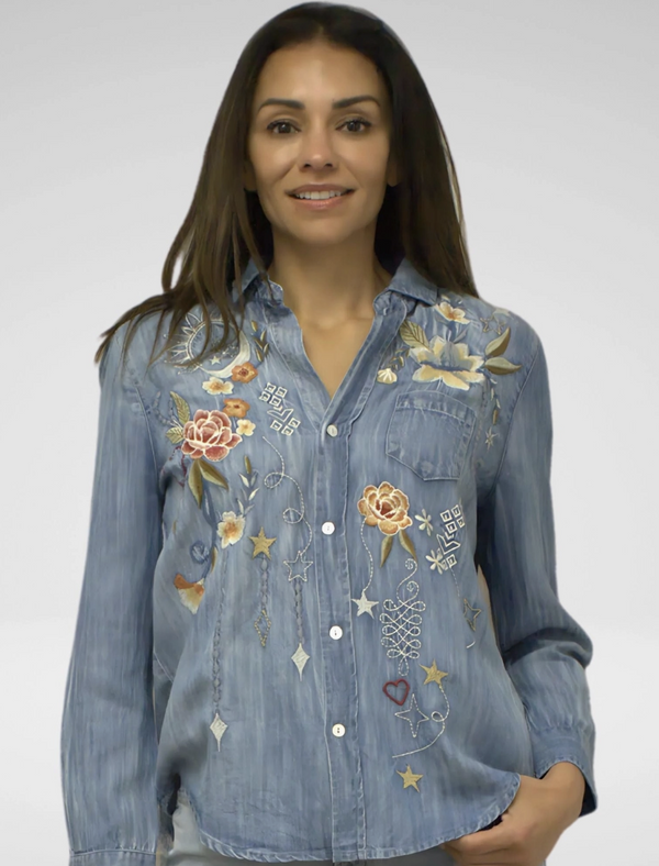 Lunar Floral Embroidered Denim Top