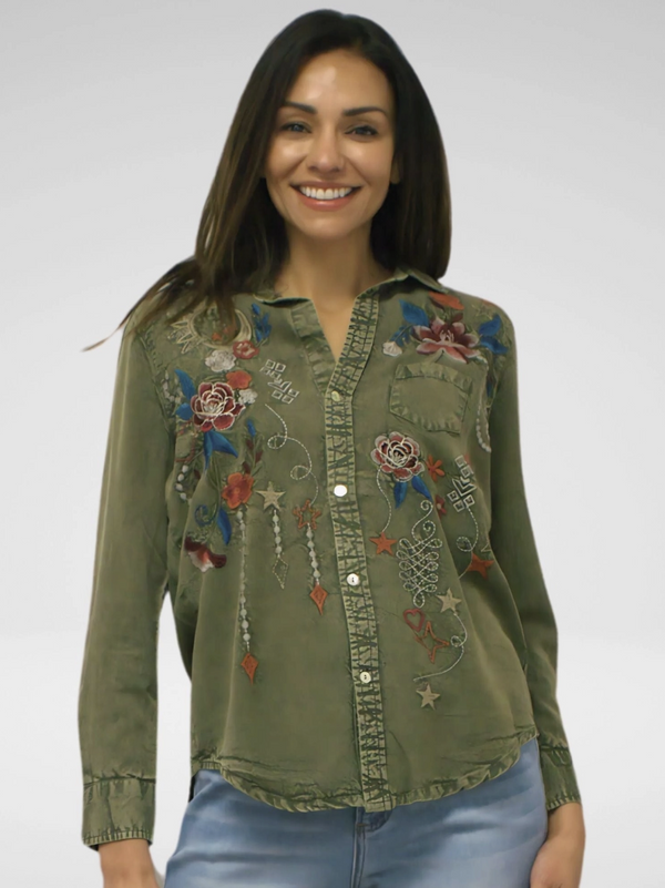 Lunar Green Embroidered Denim Top
