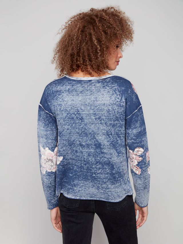 Reversible Denim Floral V-Neck Sweater
