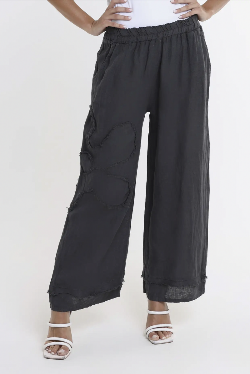 Charcoal Flower Linen Pant