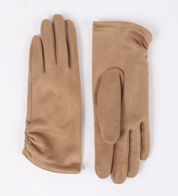 Tan Faux Suede Ruched Gloves