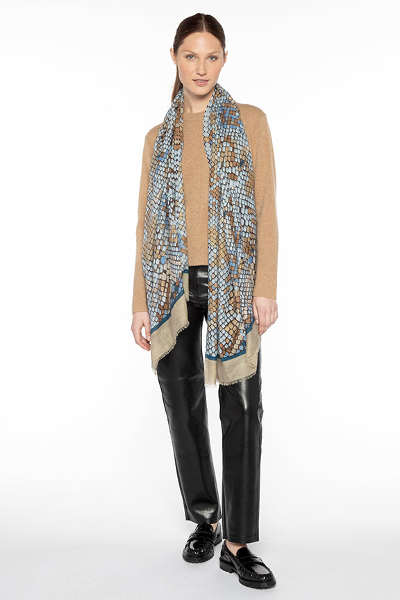 Beige and Blue Scales Cashmere Wrap