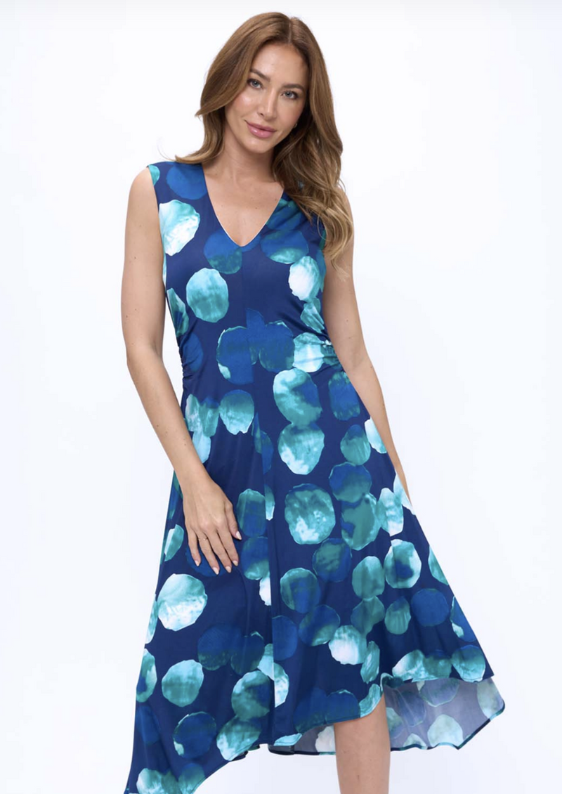 Polka Dot Asymmetrical Ruching V-Neck Dress