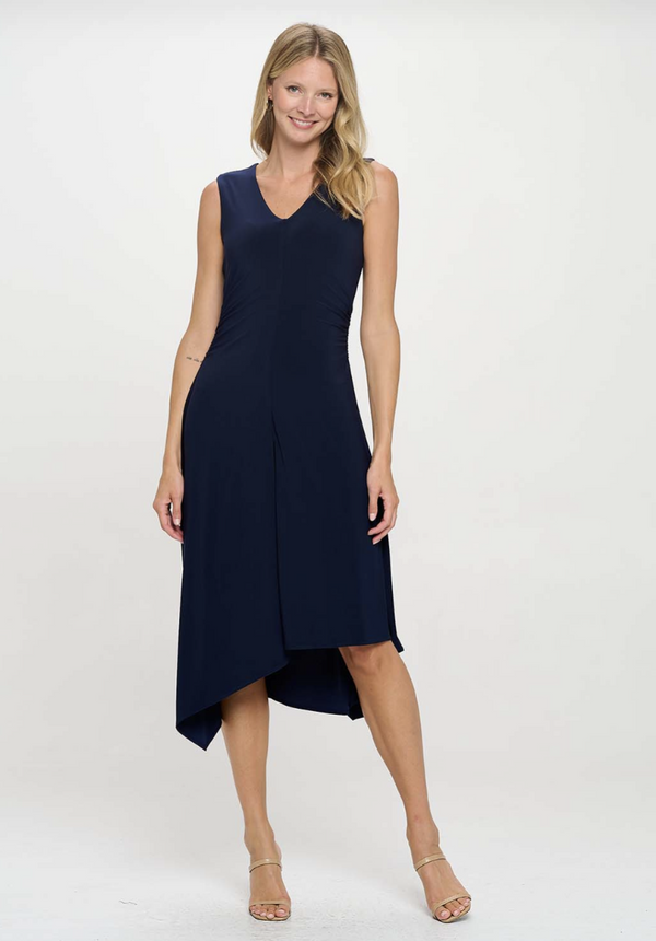 Navy Asymmetrical Ruching V-Neck Dress