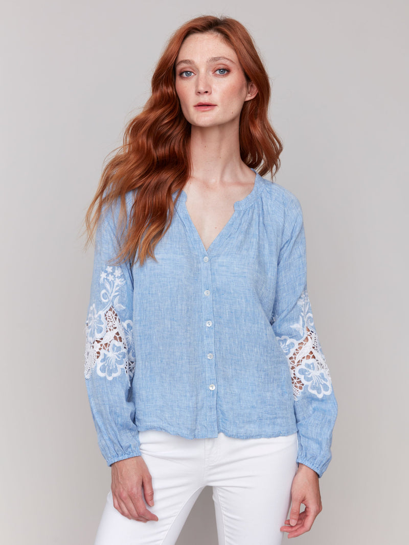 Denim Embroidered Button Top