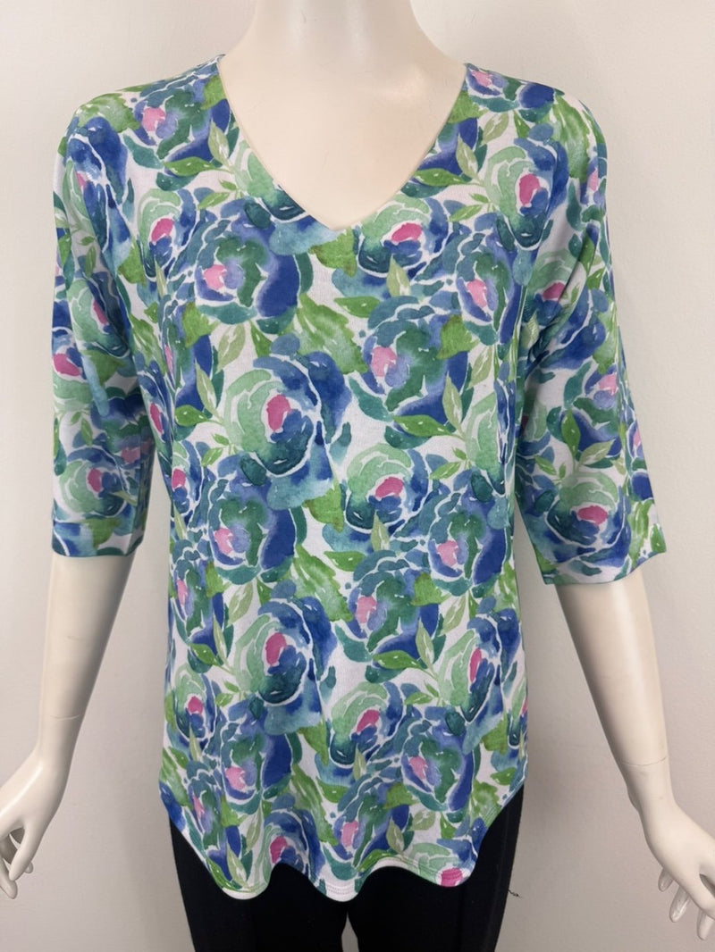 Blue & White Floral Vee Top