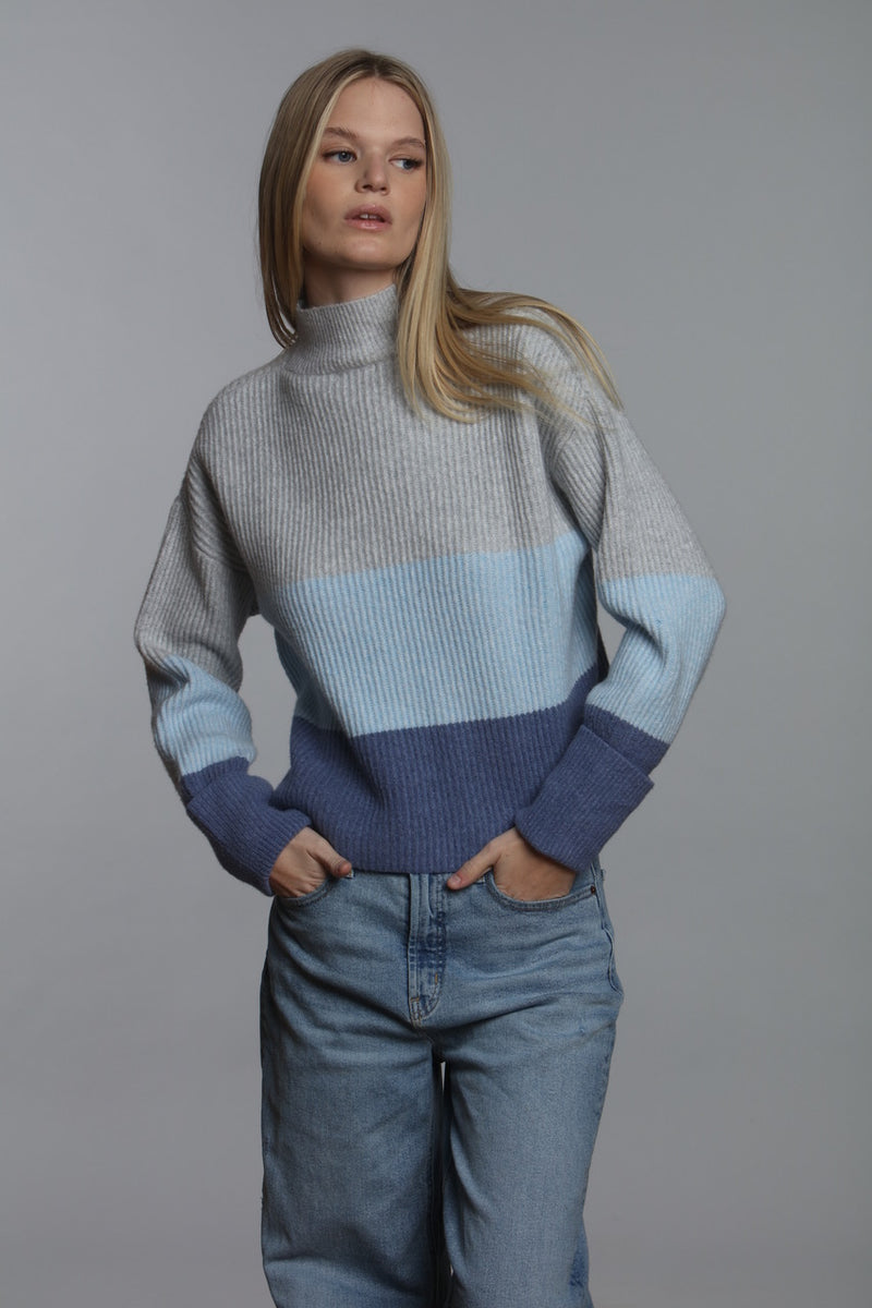 Powder Blue Color Block Rib Sweater