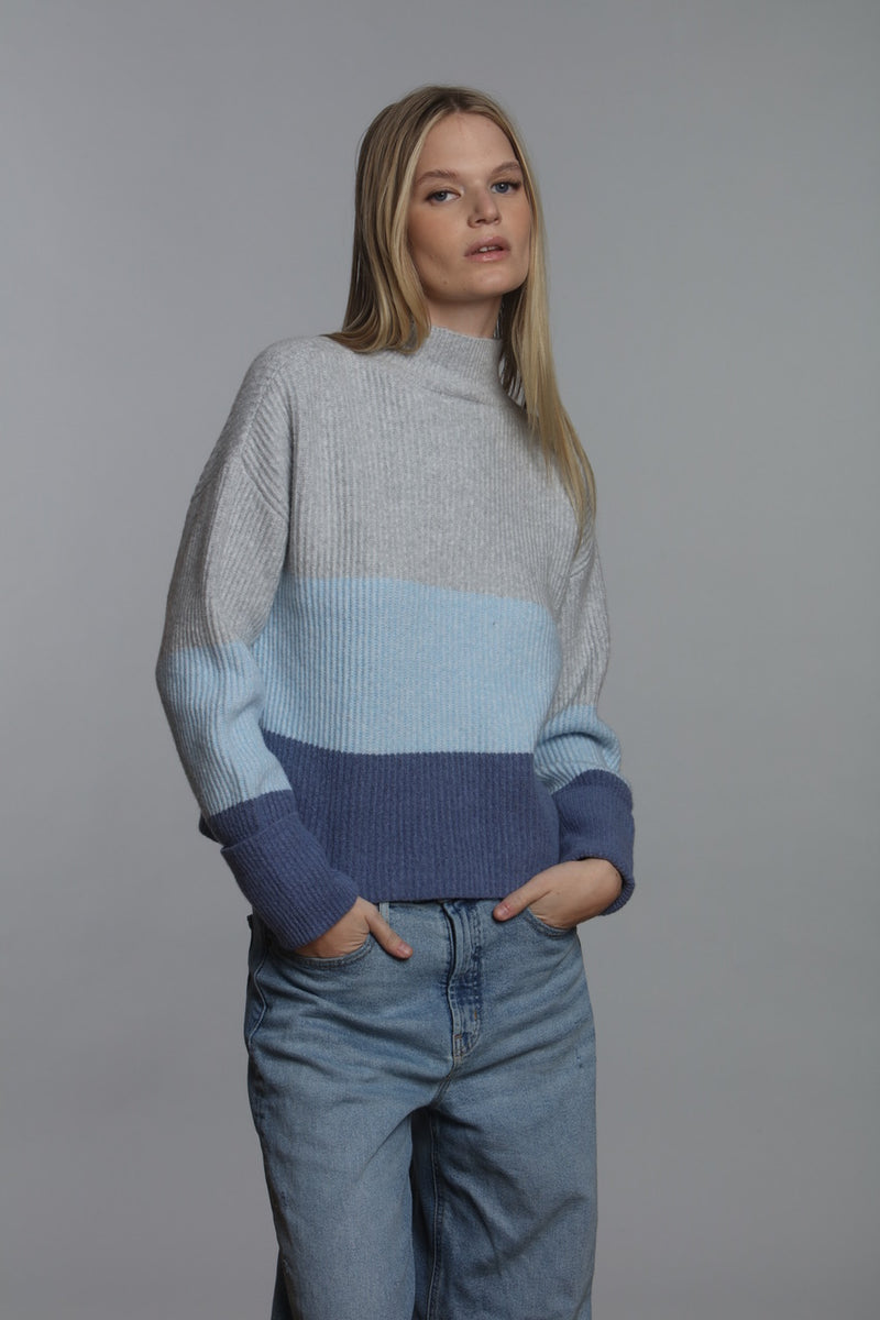 Powder Blue Color Block Rib Sweater