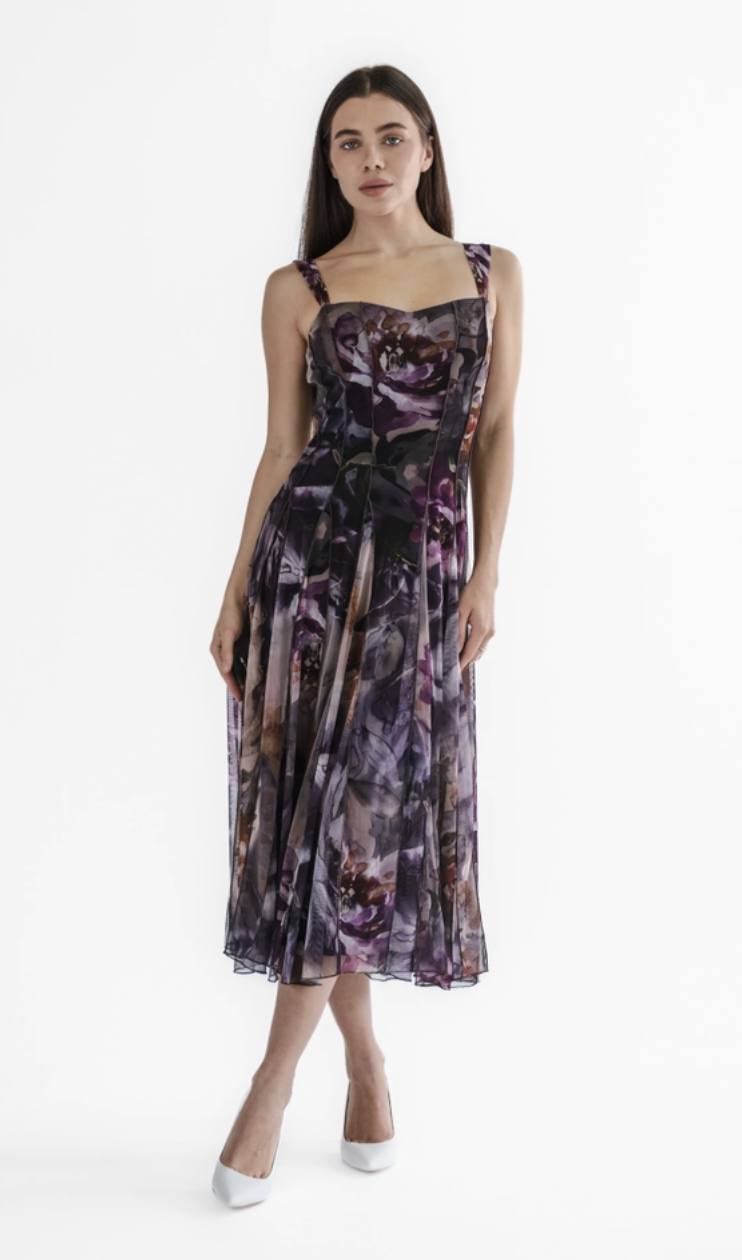 Purple Floral Tea Length Paneled Dress