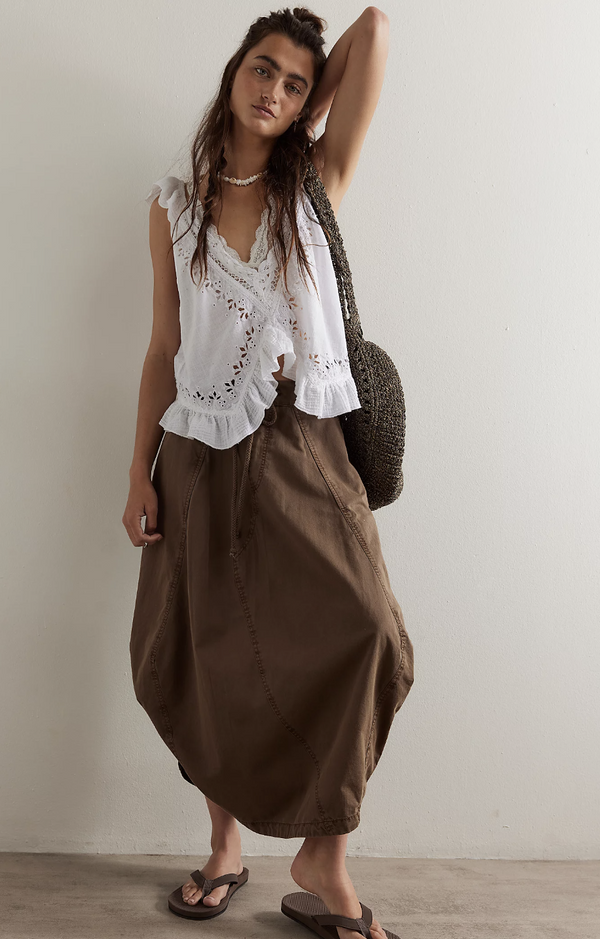 Chocolate Poplin Midi Skirt