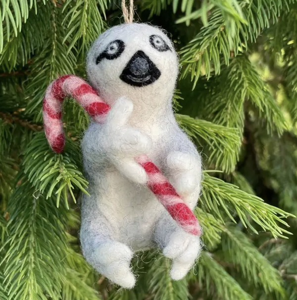 Sloth with Candy Cane Felt Ornament