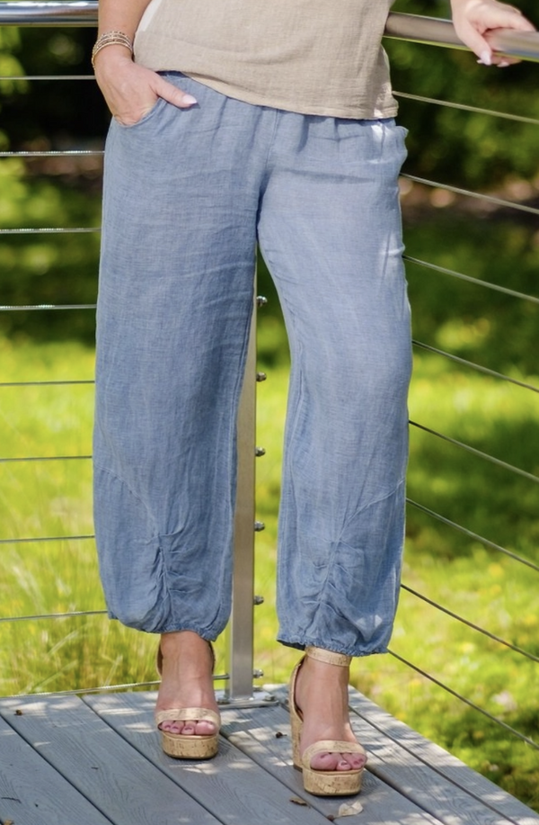 Grey Cinched Linen Pant
