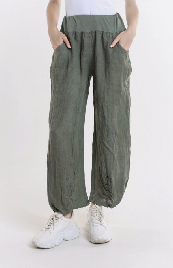 Army Green Cinched Linen Pant