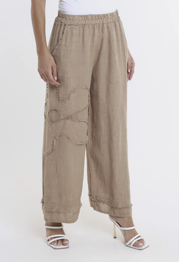 Brown Flower Raw Edge Linen Pant