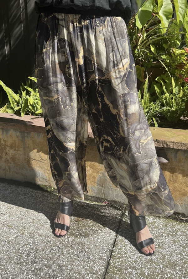 Black Marble Silk Straight Leg Pant