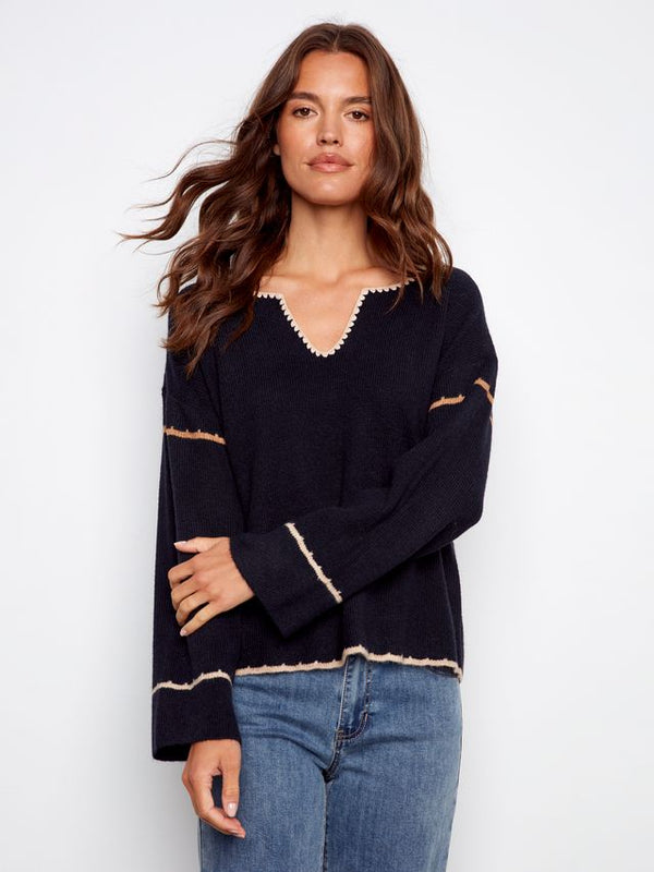 Navy Embroidered Knit Sweater
