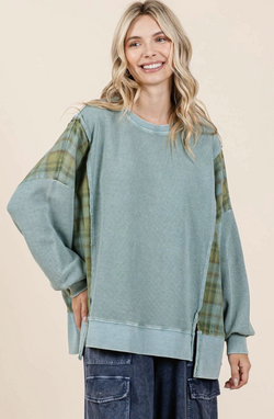 Sea Blue Plaid Panel French Terry Top