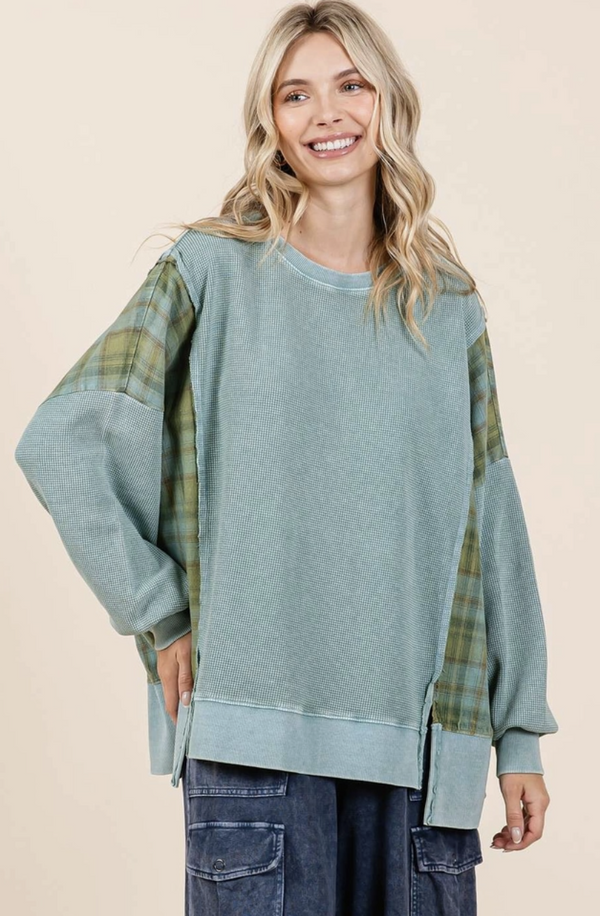 Sea Blue Plaid Panel French Terry Top