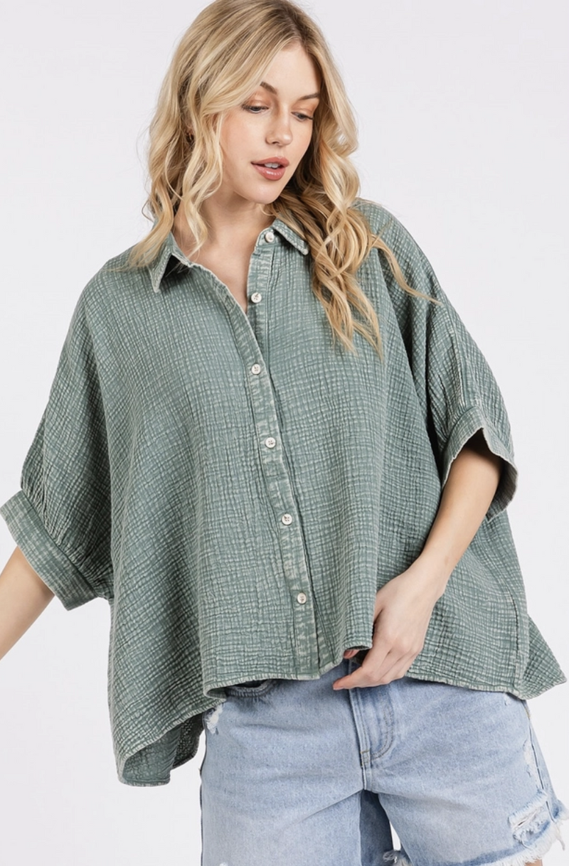 Sage Gauze Dolman Sleeve Button Top