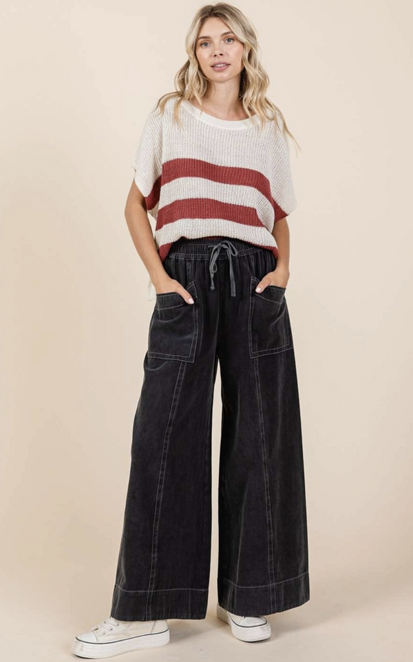 Black Mineral Wash Wide Leg Twill Pant