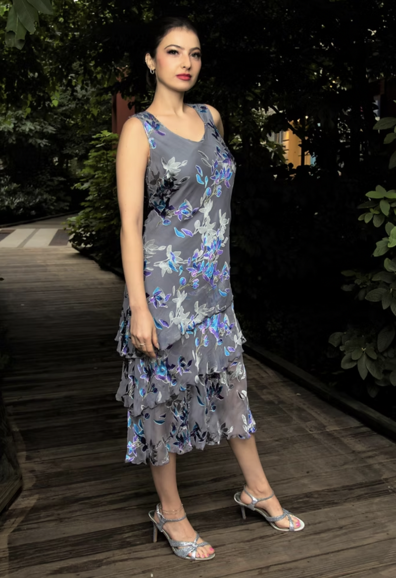 Gray Floral Silk Ankle Length Dress Set Gray Floral Silk Ankle Length Dress Set