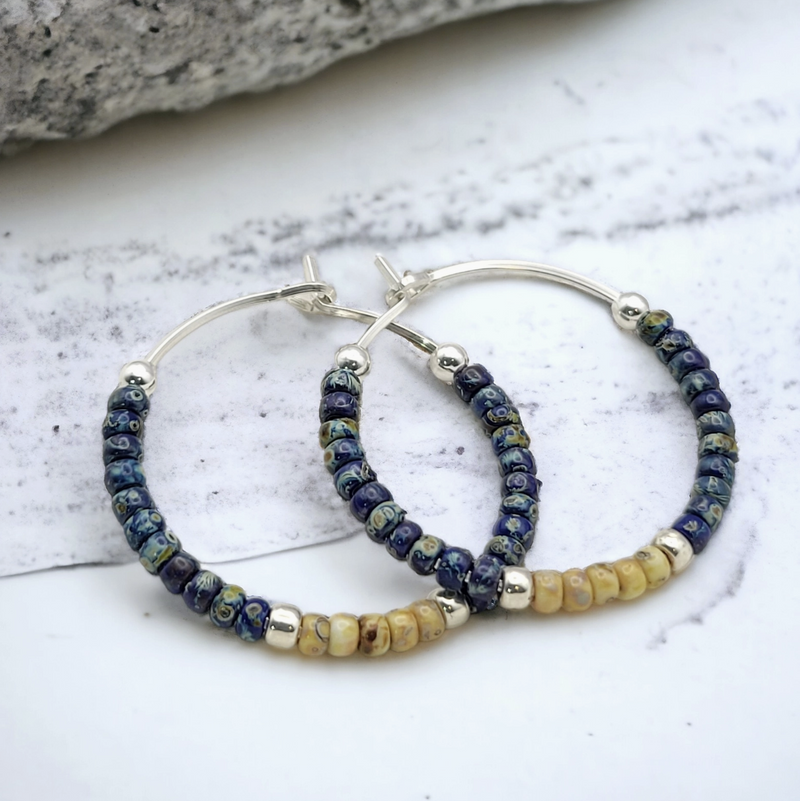 Blue Beaded Boho Silver Hoop Earring