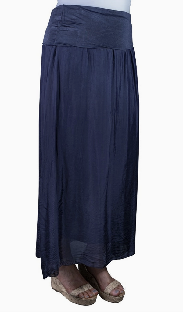 Navy Silk Foldover Waist Skirt