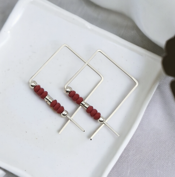 Silver Square Red Beaded Hoop Earrings