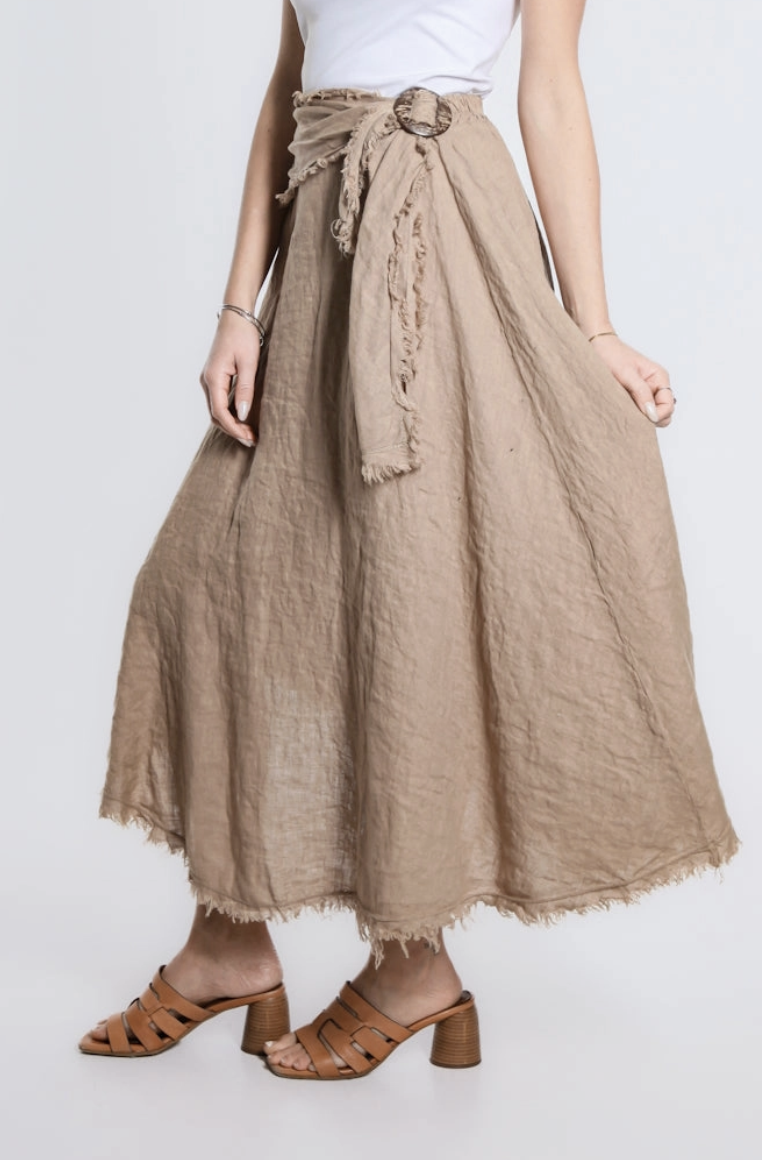 Camel Diagonal High Low Linen Skirt