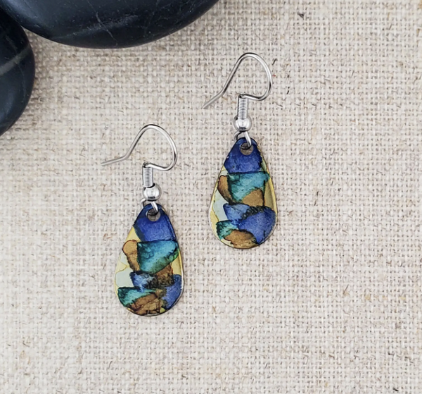 Blue and Brown Alcohol Ink Teardrop Earring