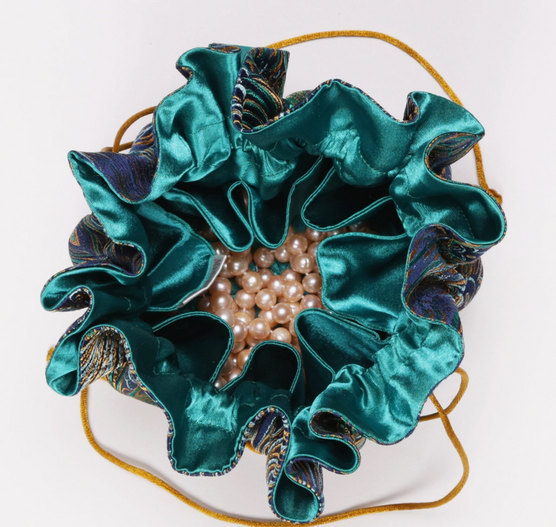 Teal Peacock Brocade Jewelry Pouch