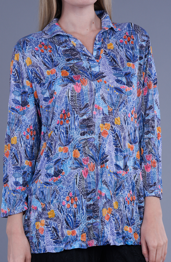 Blue Floral Crinkle Polo Tunic